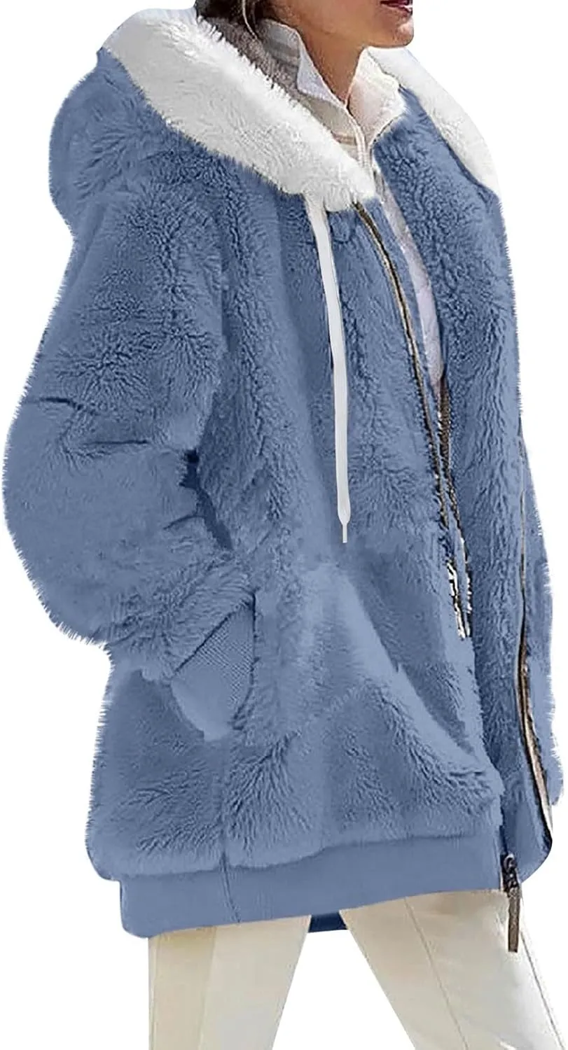Women Winter Faux Fur Coat Trendy Long Sleeve Fuzzy Fleece Outerwear Zipper Sherpa Jackets with Hood Plus Size Tops