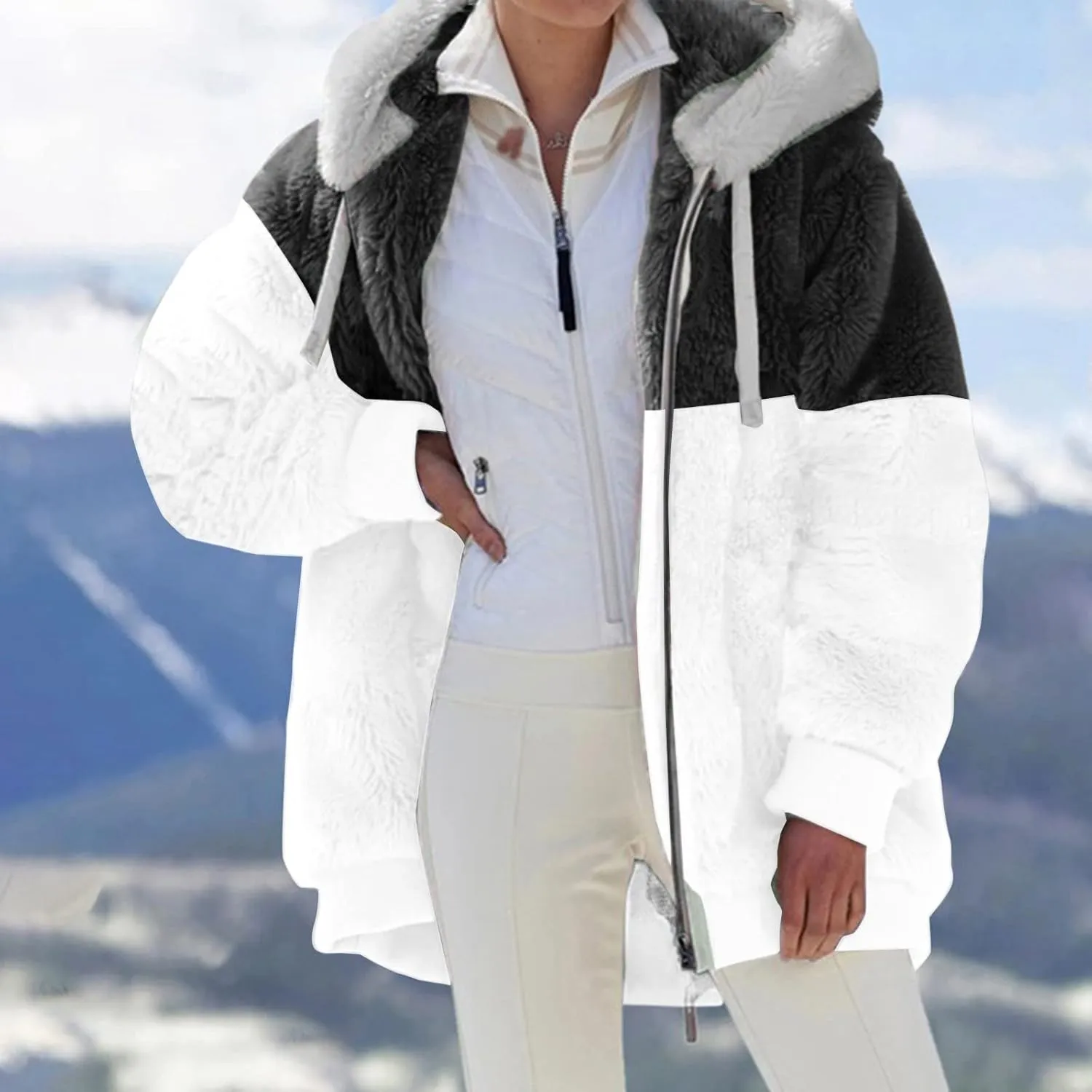 Women Winter Faux Fur Coat Trendy Long Sleeve Fuzzy Fleece Outerwear Zipper Sherpa Jackets with Hood Plus Size Tops