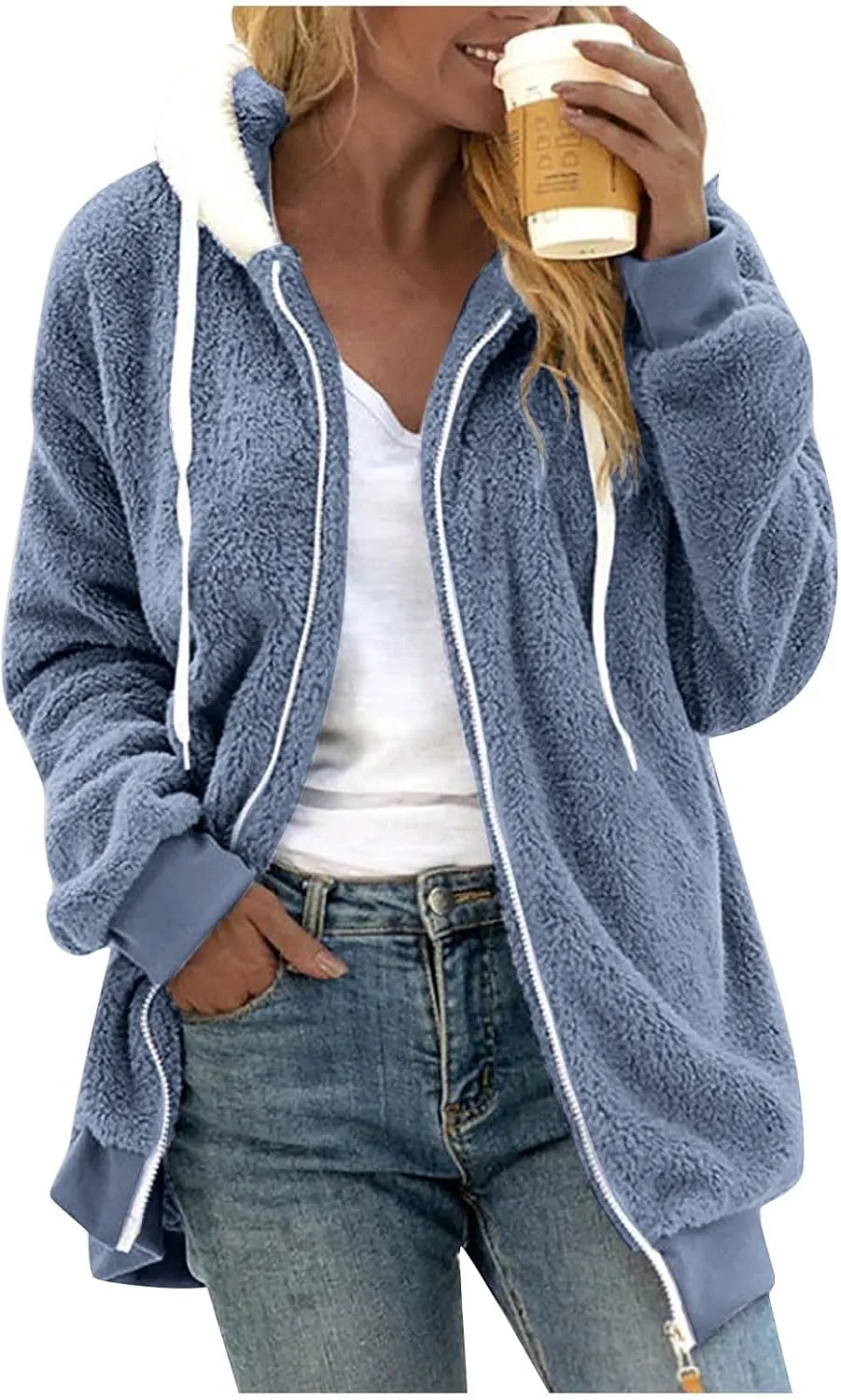 Women Winter Faux Fur Coat Trendy Long Sleeve Fuzzy Fleece Outerwear Zipper Sherpa Jackets with Hood Plus Size Tops