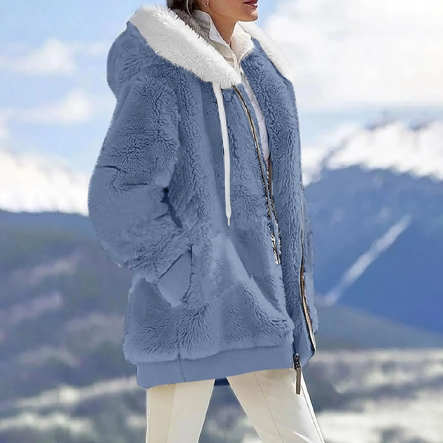 Women Winter Faux Fur Coat Trendy Long Sleeve Fuzzy Fleece Outerwear Zipper Sherpa Jackets with Hood Plus Size Tops