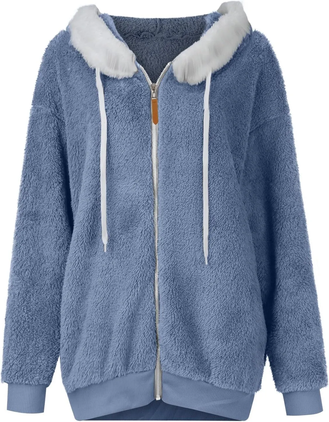 Women Winter Faux Fur Coat Trendy Long Sleeve Fuzzy Fleece Outerwear Zipper Sherpa Jackets with Hood Plus Size Tops