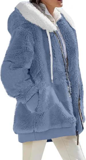 Women Winter Faux Fur Coat Trendy Long Sleeve Fuzzy Fleece Outerwear Zipper Sherpa Jackets with Hood Plus Size Tops