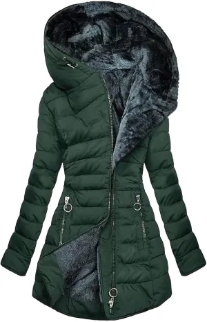 Women Winter Warm Coats Plush Fleece Lined Jackets with Pockets Zip Up Hoodie Quilted Puffer Padded Overcoat