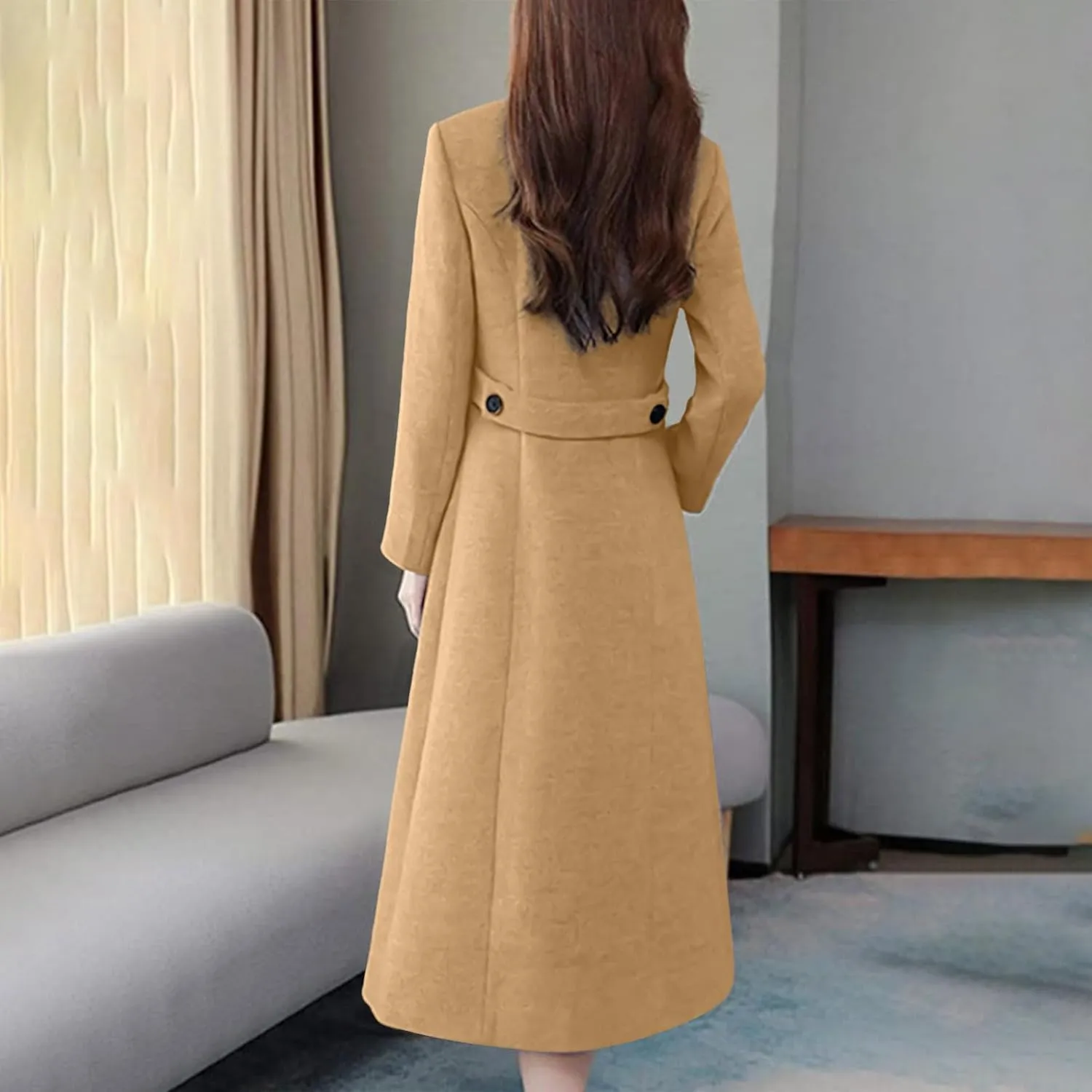 Women Winter Wool Blend Camel Maxi-Long Coat Notch Double-Breasted Lapel Jacket Outwear Business Casual Trench Coats