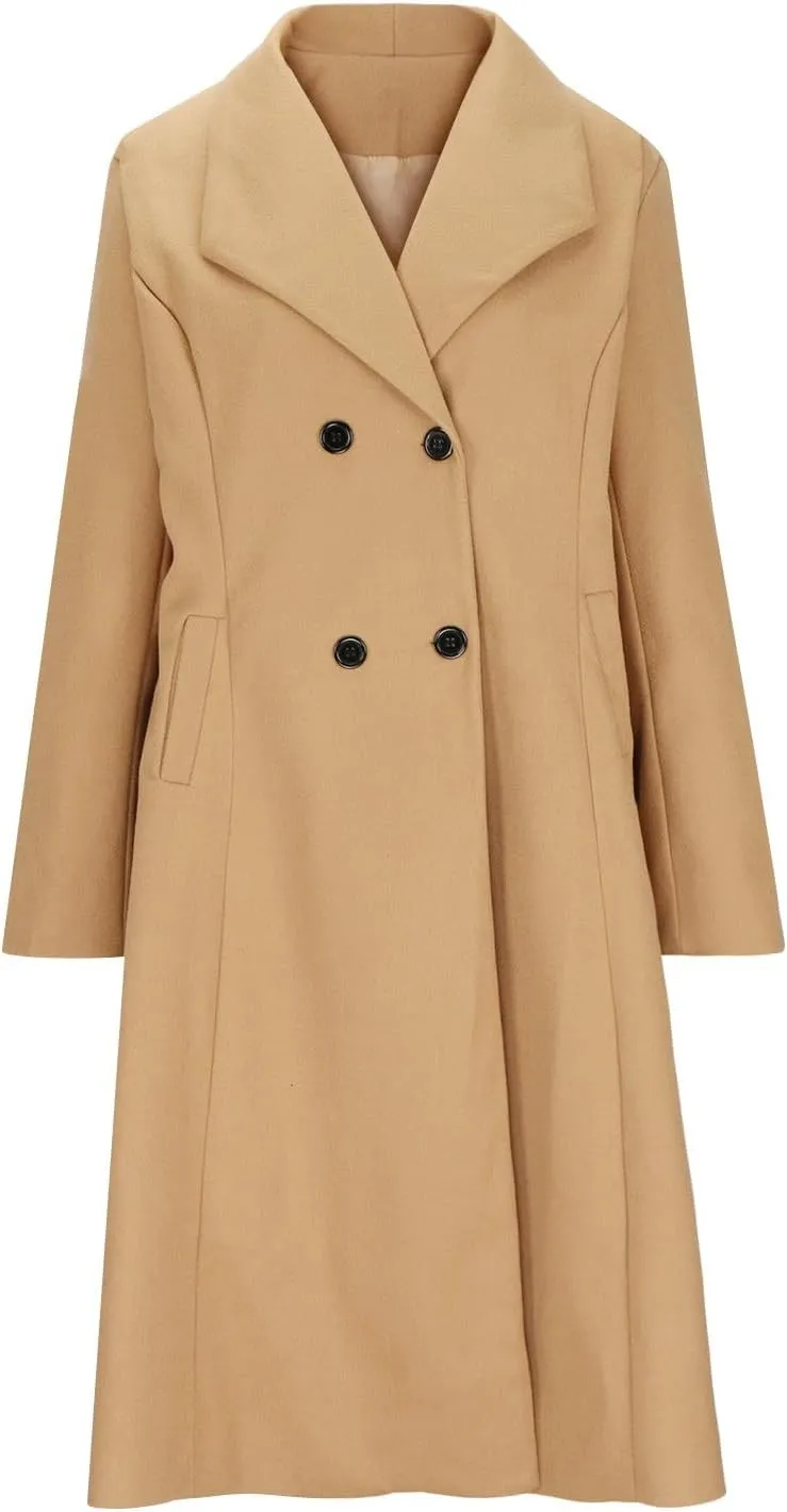 Women Winter Wool Blend Camel Maxi-Long Coat Notch Double-Breasted Lapel Jacket Outwear Business Casual Trench Coats