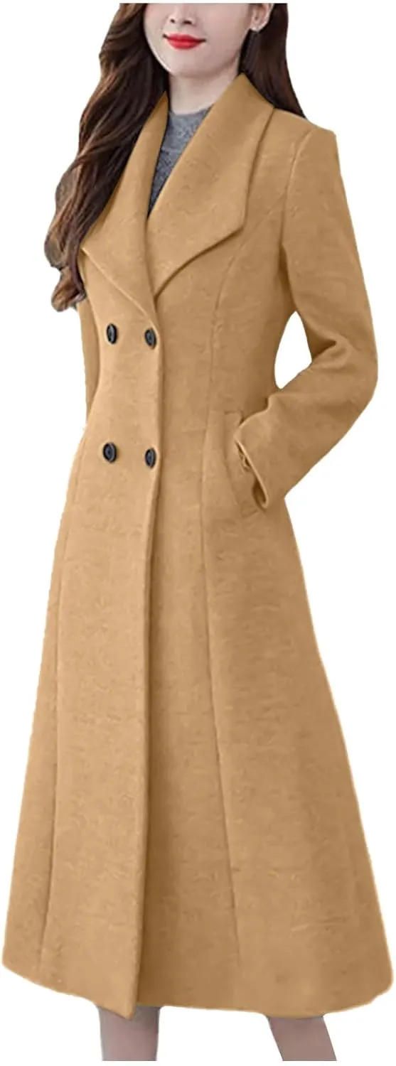 Women Winter Wool Blend Camel Maxi-Long Coat Notch Double-Breasted Lapel Jacket Outwear Business Casual Trench Coats