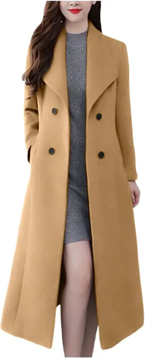 Women Winter Wool Blend Camel Maxi-Long Coat Notch Double-Breasted Lapel Jacket Outwear Business Casual Trench Coats