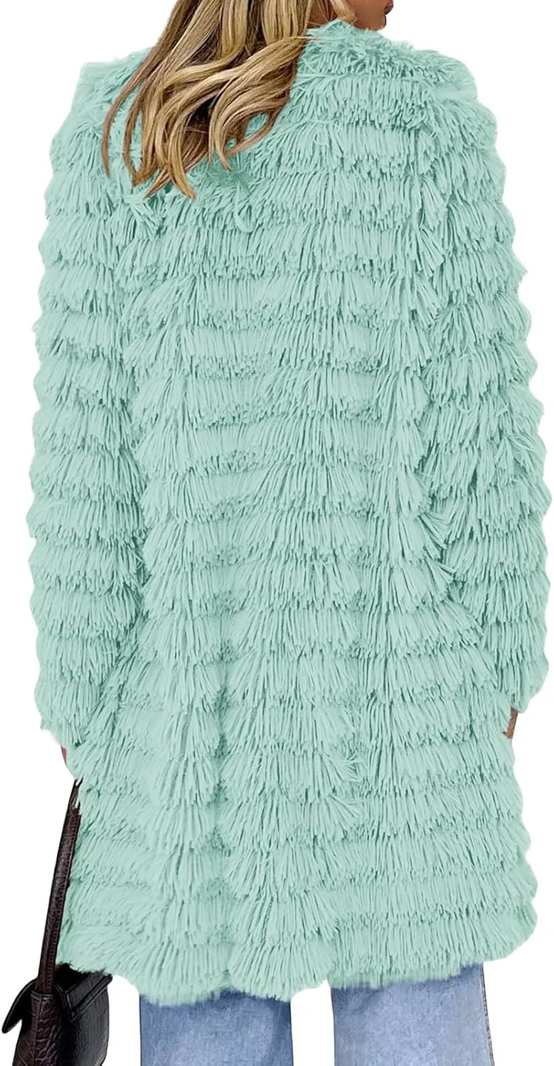 Women's 2023 Winter Faux Fur Jackets Fall Fashion Mid Long Open Front Cardigan Coats Shaggy Warm Outerwear Overcoat