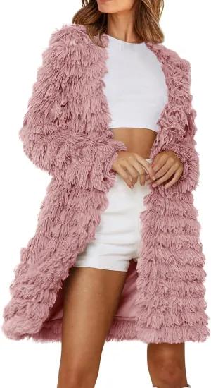 Women's 2023 Winter Faux Fur Jackets Fall Fashion Mid Long Open Front Cardigan Coats Shaggy Warm Outerwear Overcoat