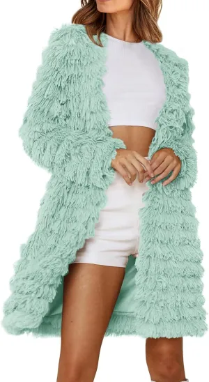Women's 2023 Winter Faux Fur Jackets Fall Fashion Mid Long Open Front Cardigan Coats Shaggy Warm Outerwear Overcoat