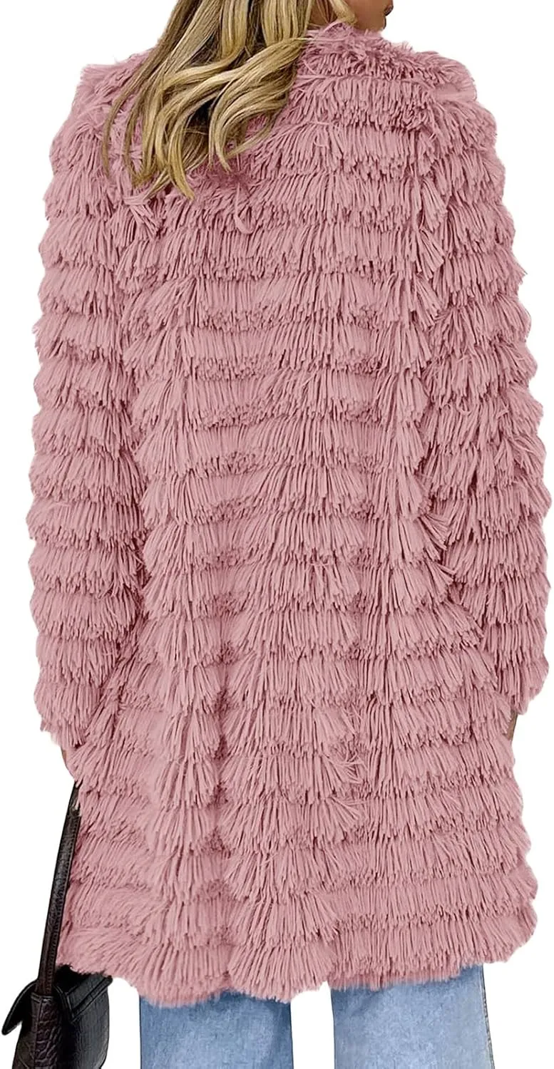 Women's 2023 Winter Faux Fur Jackets Fall Fashion Mid Long Open Front Cardigan Coats Shaggy Warm Outerwear Overcoat