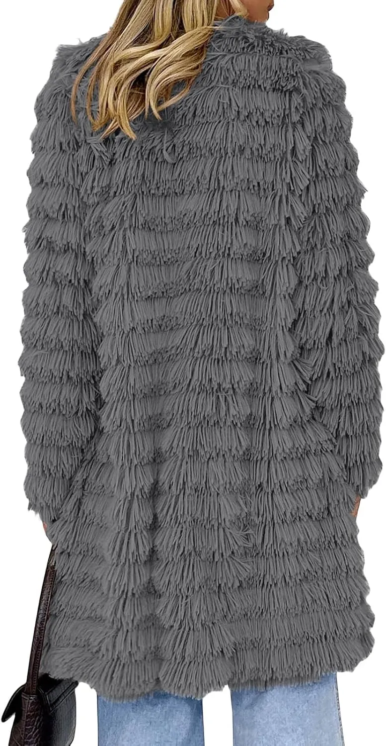 Women's 2023 Winter Faux Fur Jackets Fall Fashion Mid Long Open Front Cardigan Coats Shaggy Warm Outerwear Overcoat