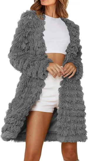 Women's 2023 Winter Faux Fur Jackets Fall Fashion Mid Long Open Front Cardigan Coats Shaggy Warm Outerwear Overcoat