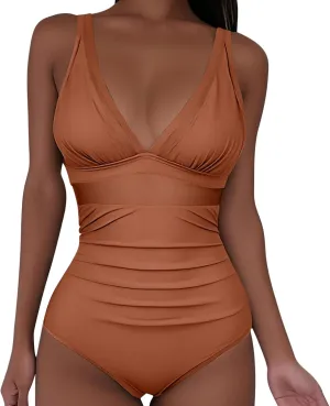 Womens 2025 Trendy Swimsuit Retro V Neck Tummy Control Bathing Suits Ruched Modest Full Coverage Mesh Swimwear