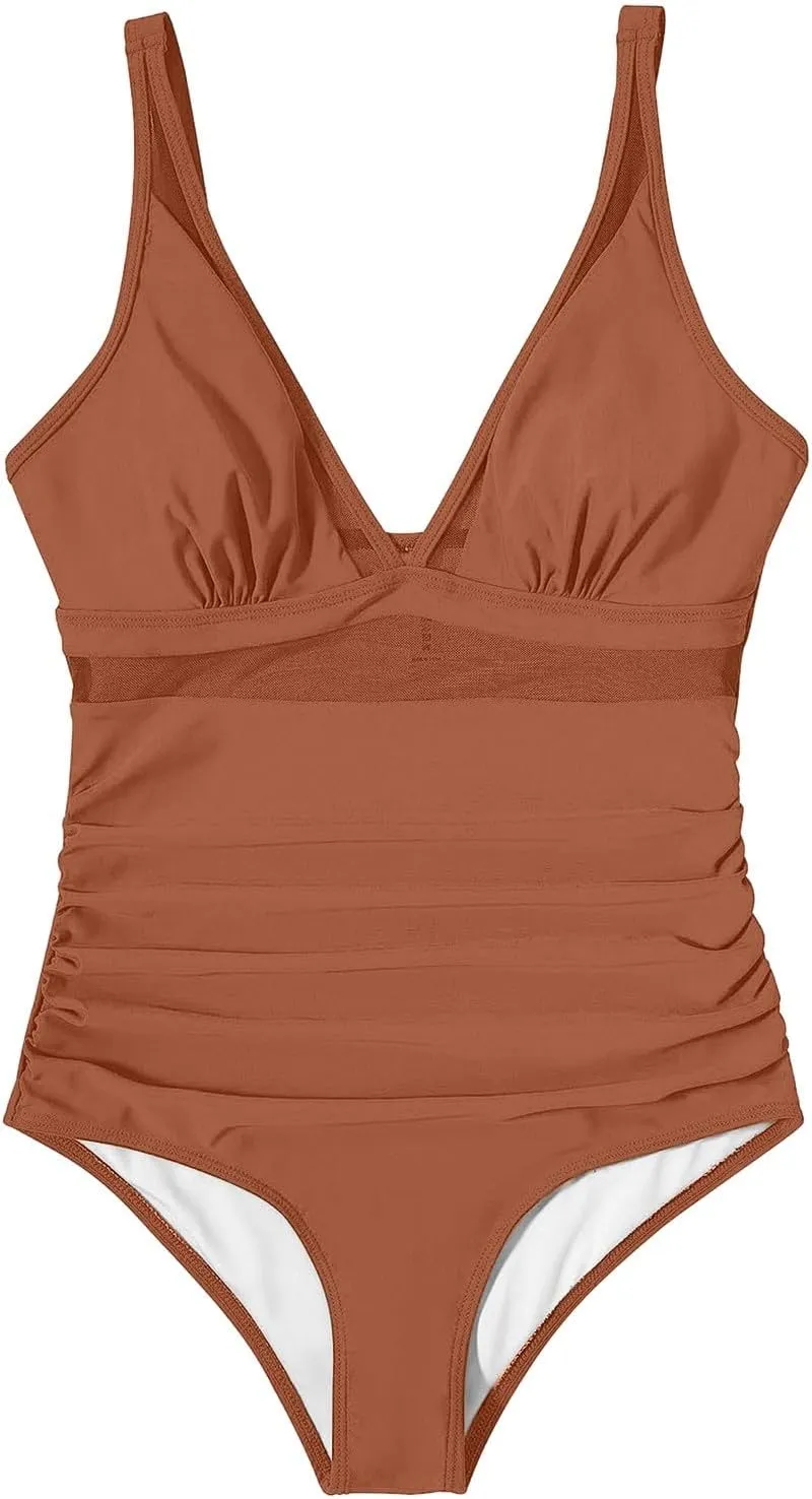 Womens 2025 Trendy Swimsuit Retro V Neck Tummy Control Bathing Suits Ruched Modest Full Coverage Mesh Swimwear
