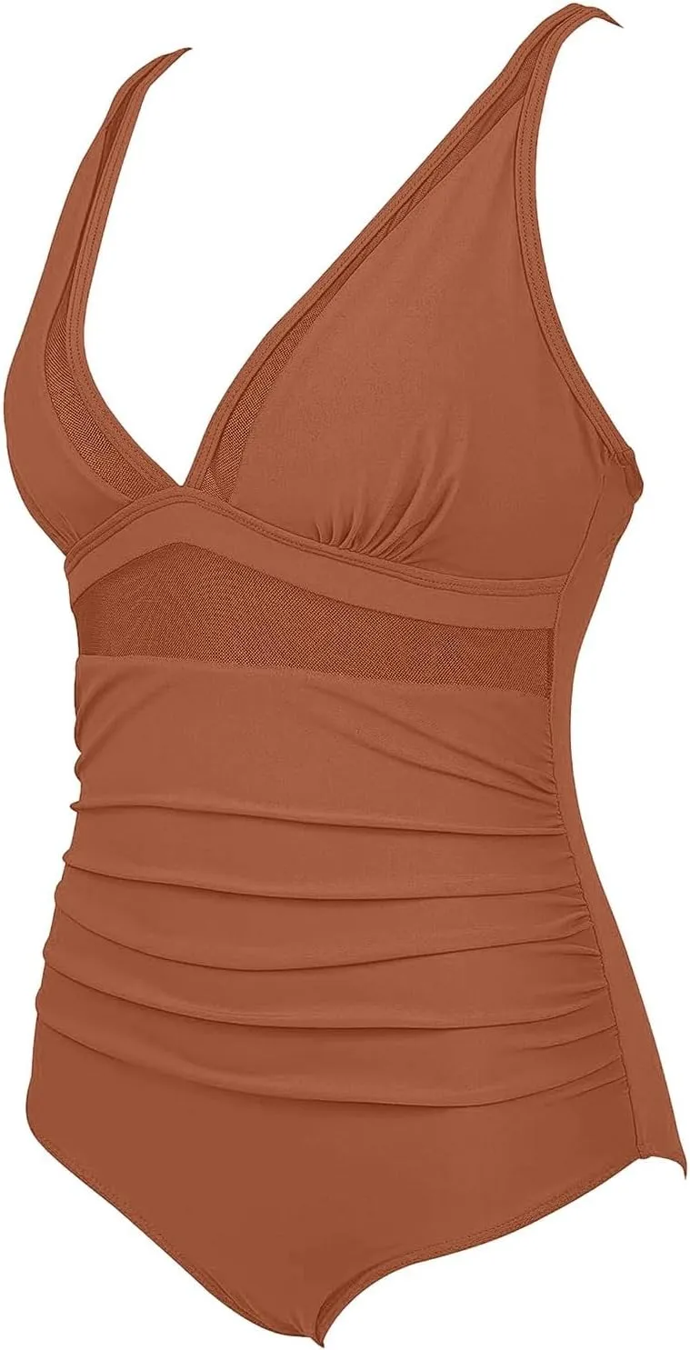 Womens 2025 Trendy Swimsuit Retro V Neck Tummy Control Bathing Suits Ruched Modest Full Coverage Mesh Swimwear