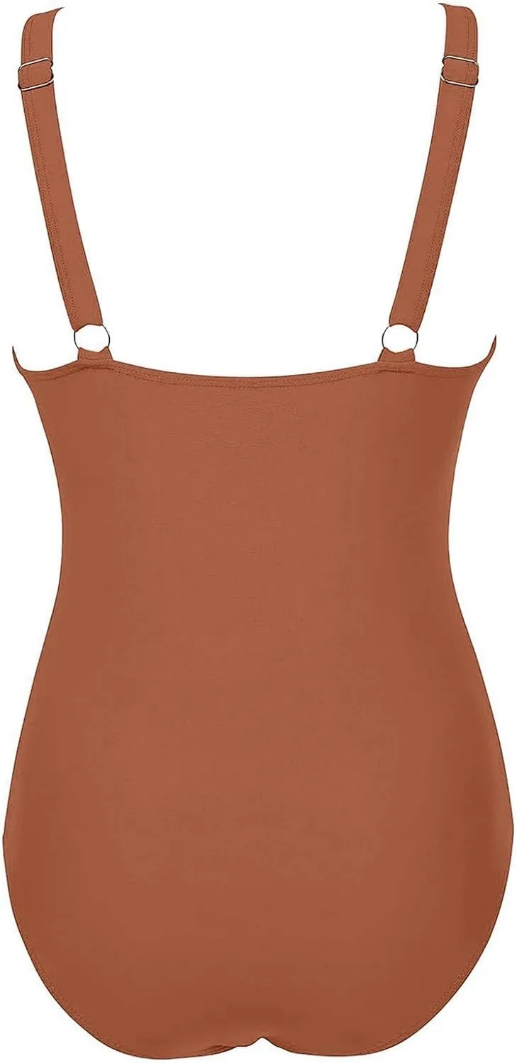 Womens 2025 Trendy Swimsuit Retro V Neck Tummy Control Bathing Suits Ruched Modest Full Coverage Mesh Swimwear