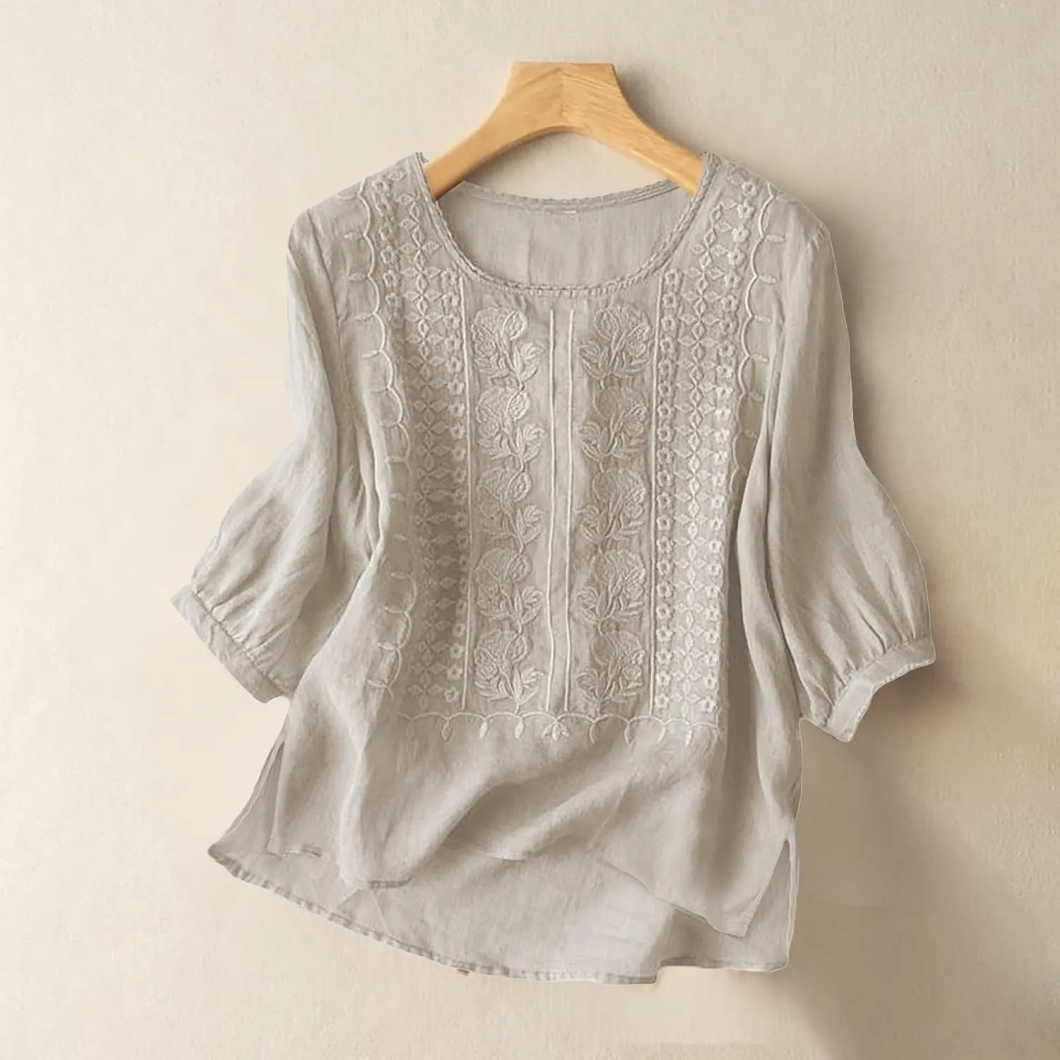 Women's 3/4 Sleeve Cotton Linen Jacquard Blouses Top T-Shirt 2025 Loose Fit Crew Neck Floral Embroidery Ruched Shirt