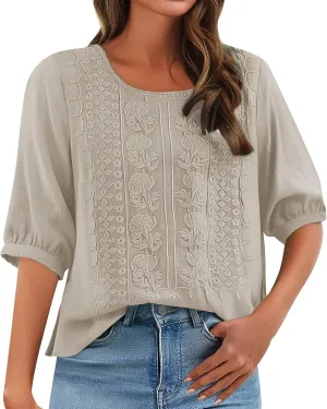 Women's 3/4 Sleeve Cotton Linen Jacquard Blouses Top T-Shirt 2025 Loose Fit Crew Neck Floral Embroidery Ruched Shirt