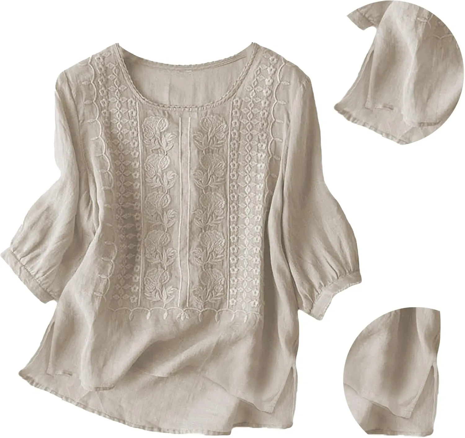 Women's 3/4 Sleeve Cotton Linen Jacquard Blouses Top T-Shirt 2025 Loose Fit Crew Neck Floral Embroidery Ruched Shirt