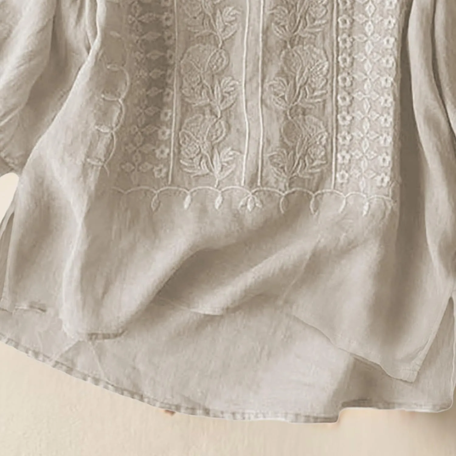 Women's 3/4 Sleeve Cotton Linen Jacquard Blouses Top T-Shirt 2025 Loose Fit Crew Neck Floral Embroidery Ruched Shirt