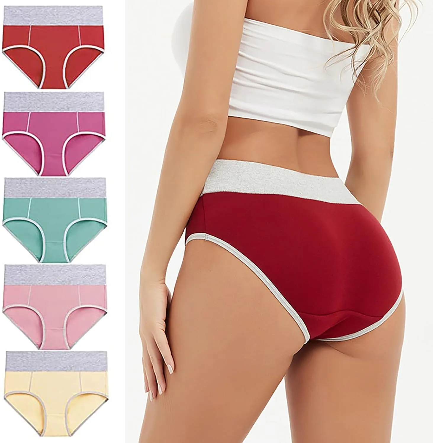 Women's 5 Pieces Briefs High Waist Stretch Underwear Soft Underpants Ladies Full Coverage Panties Solid Lingerie