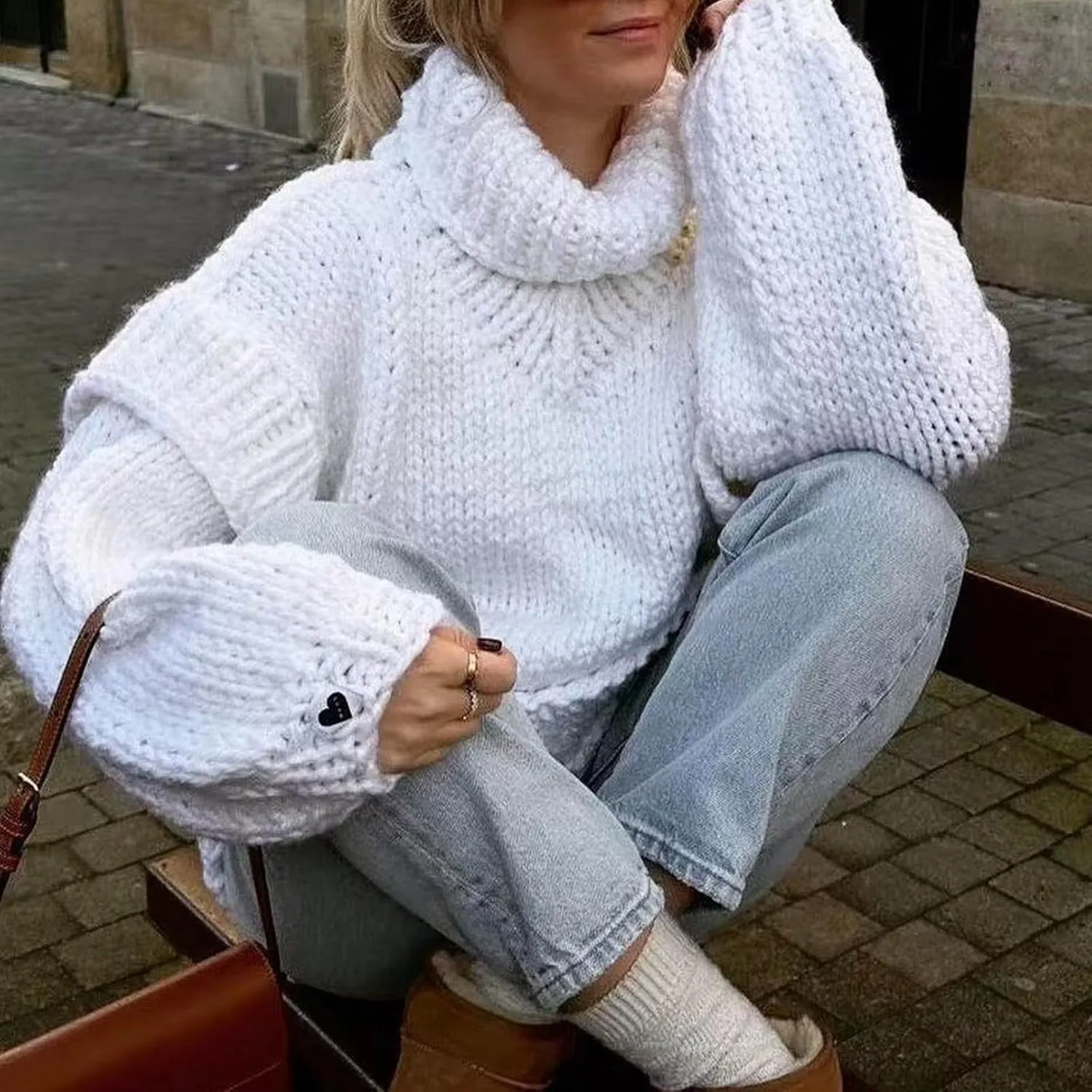 Women's Autumn Winter Oversized Long Sleeve Turtleneck Knit Sweater Cozy Fashion Top Fitted Sports Outerwear Western