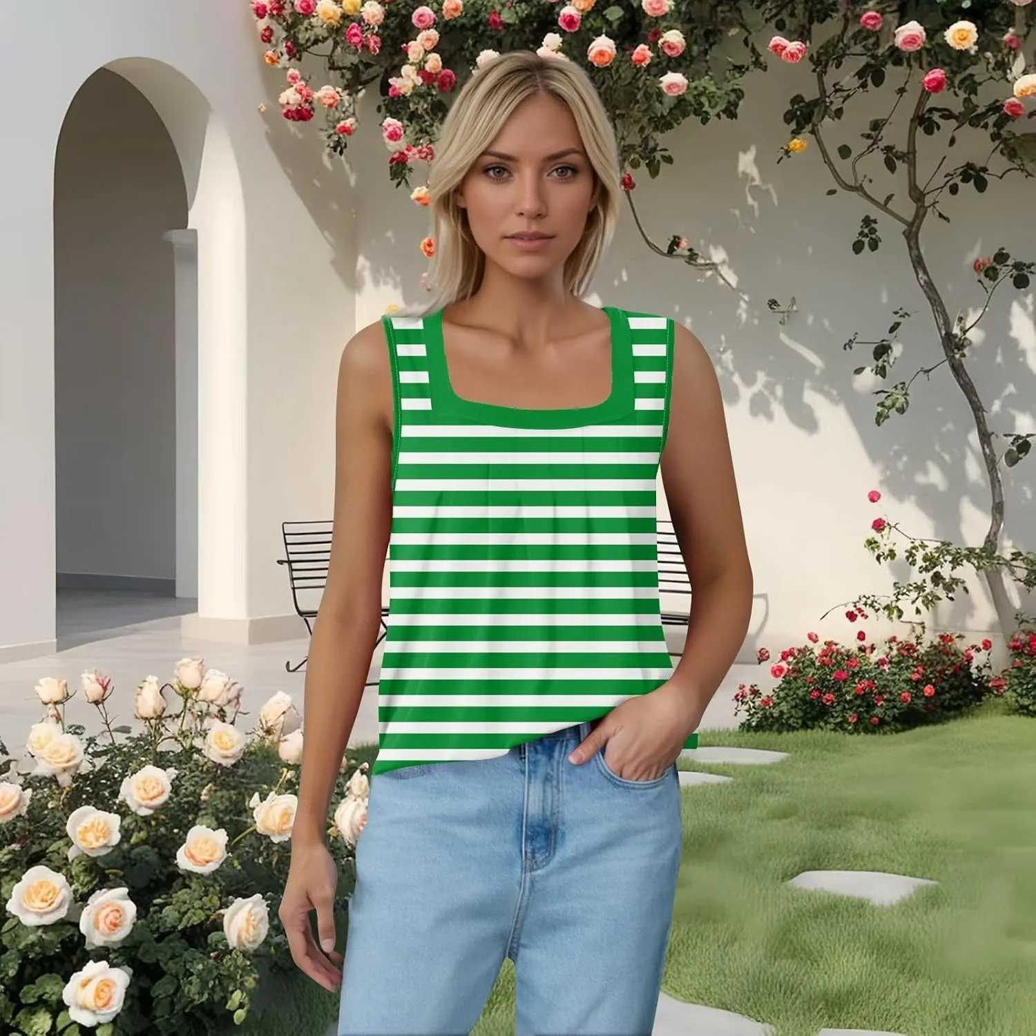 Women's Casual Red and White Striped Sleeveless Top Summer Fashion Square Neck Tank for Everyday Wear
