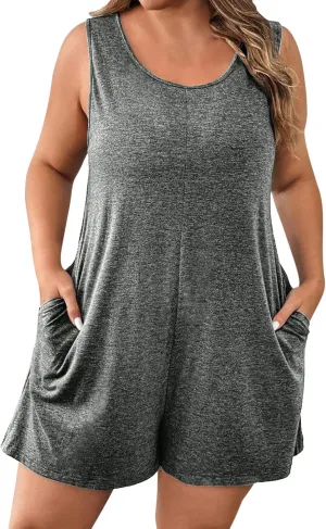 Womens Casual Rompers Plus Size Overalls Shorts Summer Beach Sleeveless Loose Fit One Piece Jumpsuits with Pockets