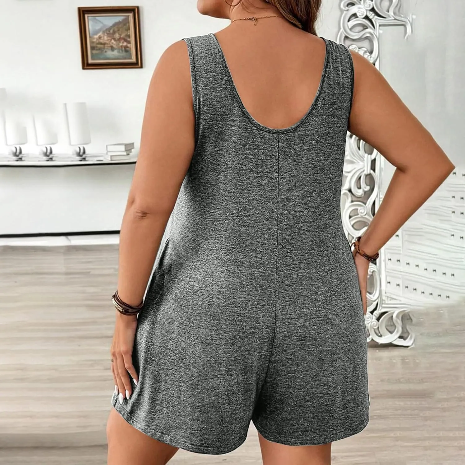 Womens Casual Rompers Plus Size Overalls Shorts Summer Beach Sleeveless Loose Fit One Piece Jumpsuits with Pockets