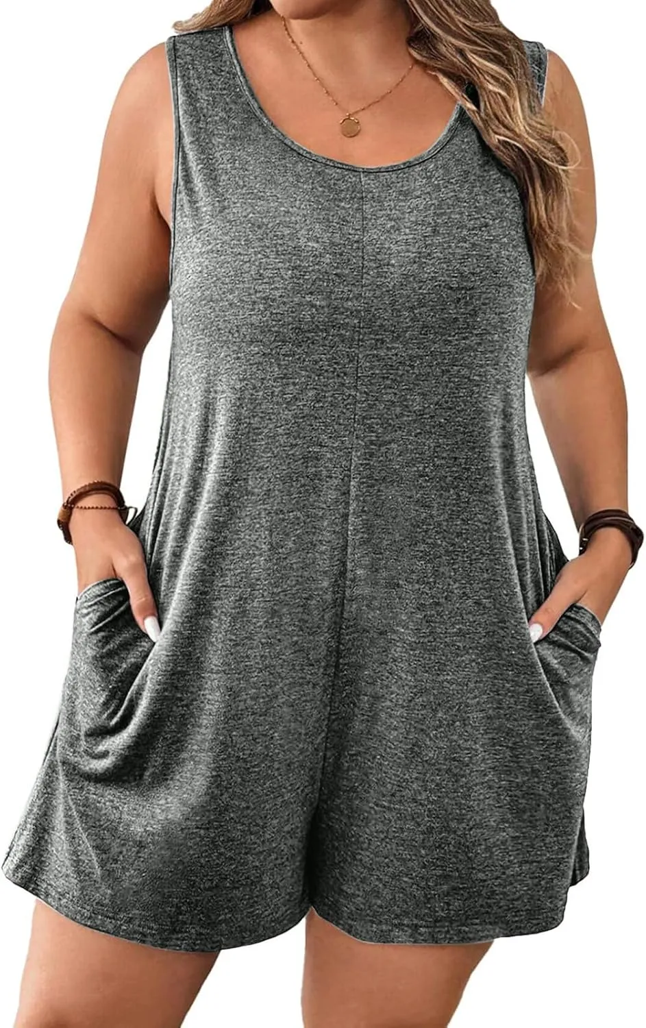 Womens Casual Rompers Plus Size Overalls Shorts Summer Beach Sleeveless Loose Fit One Piece Jumpsuits with Pockets