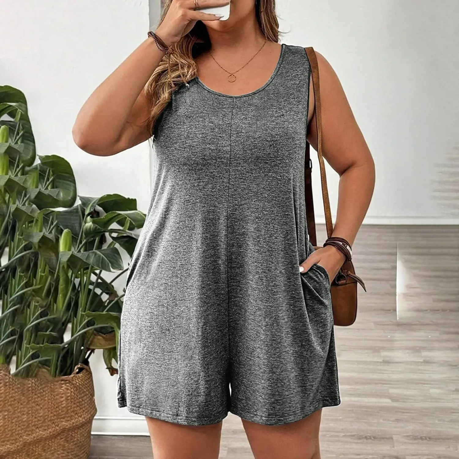 Womens Casual Rompers Plus Size Overalls Shorts Summer Beach Sleeveless Loose Fit One Piece Jumpsuits with Pockets