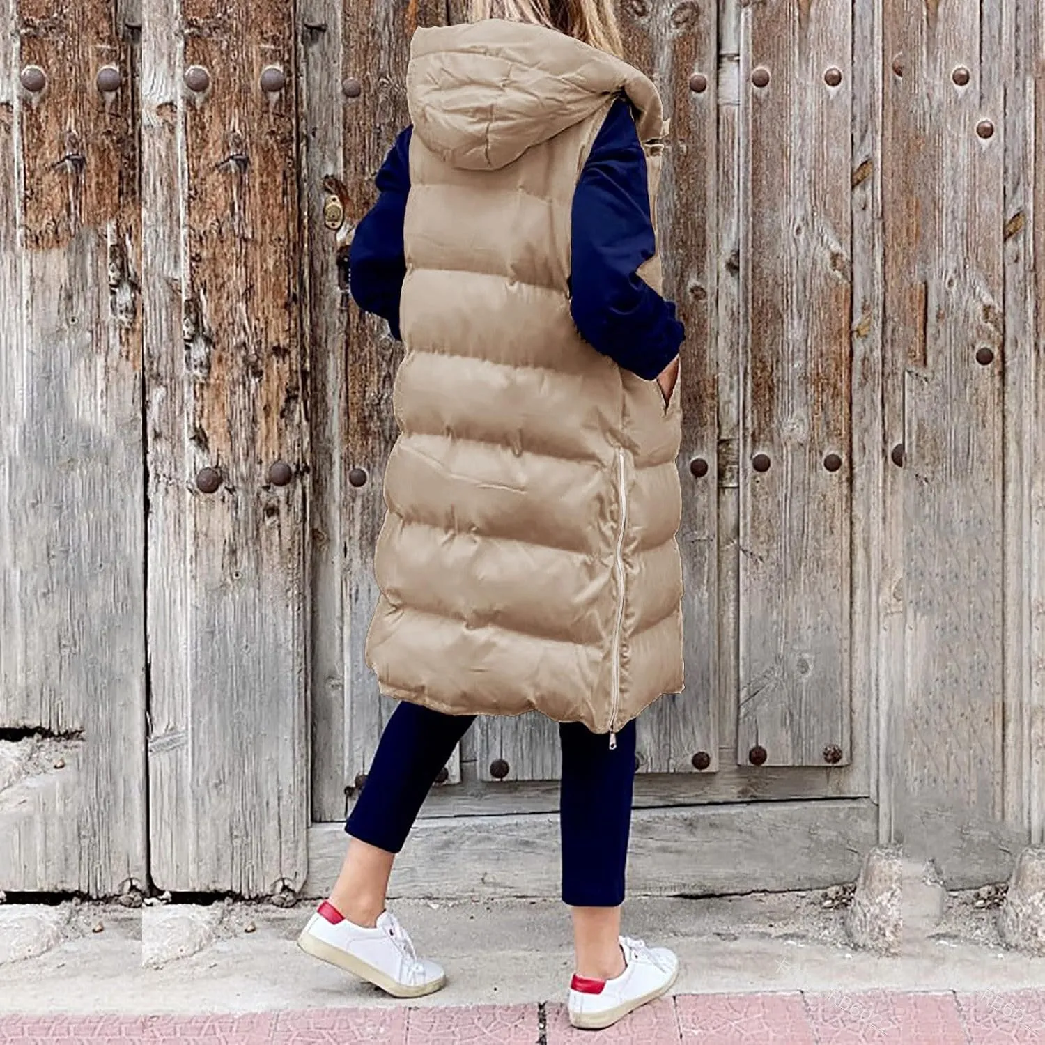 Womens Casual Solid Versatile Puffer Jacket Oversized Full Zip Sleeveless Hooded Down Coat 2024 Winter Warm Long Coats