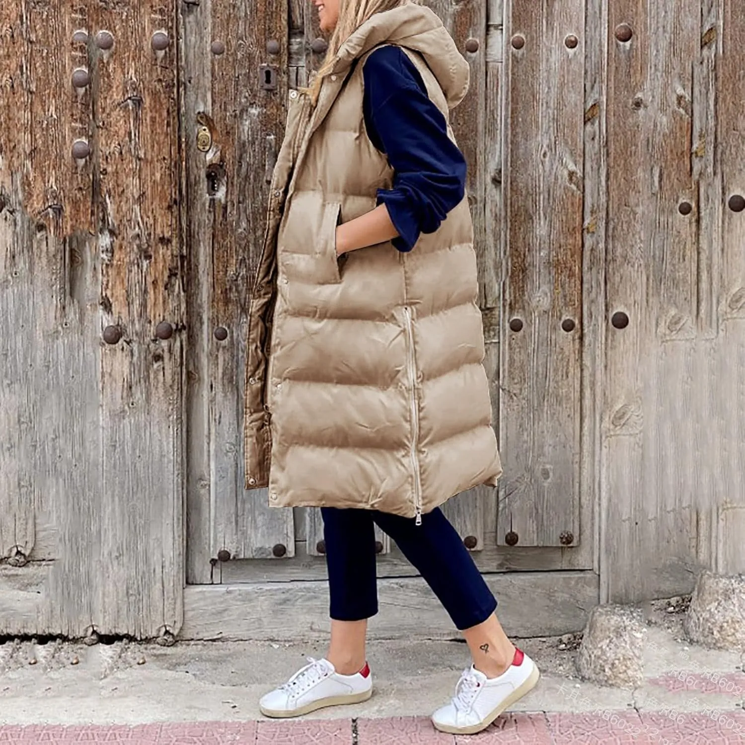 Womens Casual Solid Versatile Puffer Jacket Oversized Full Zip Sleeveless Hooded Down Coat 2024 Winter Warm Long Coats