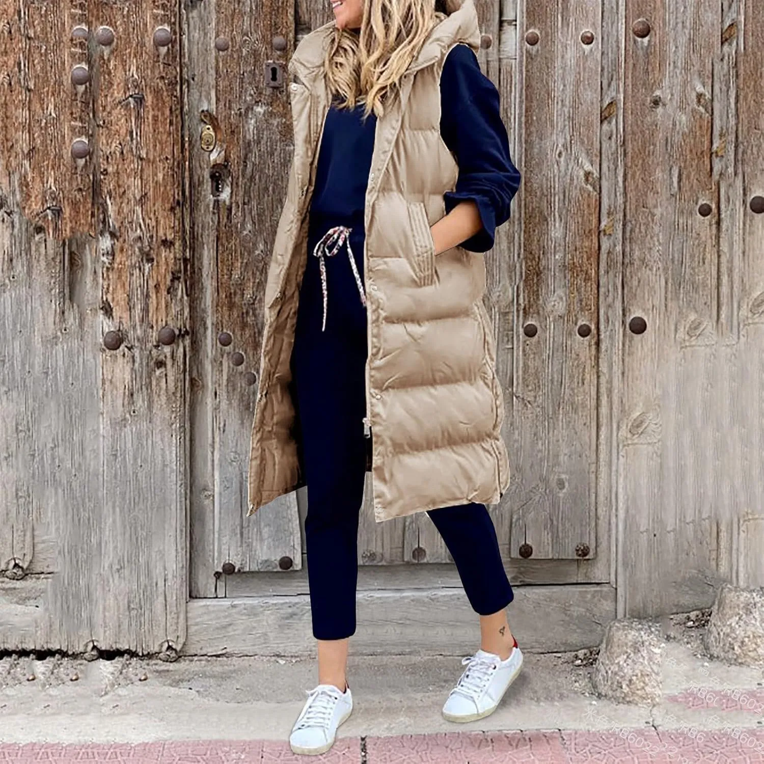 Womens Casual Solid Versatile Puffer Jacket Oversized Full Zip Sleeveless Hooded Down Coat 2024 Winter Warm Long Coats