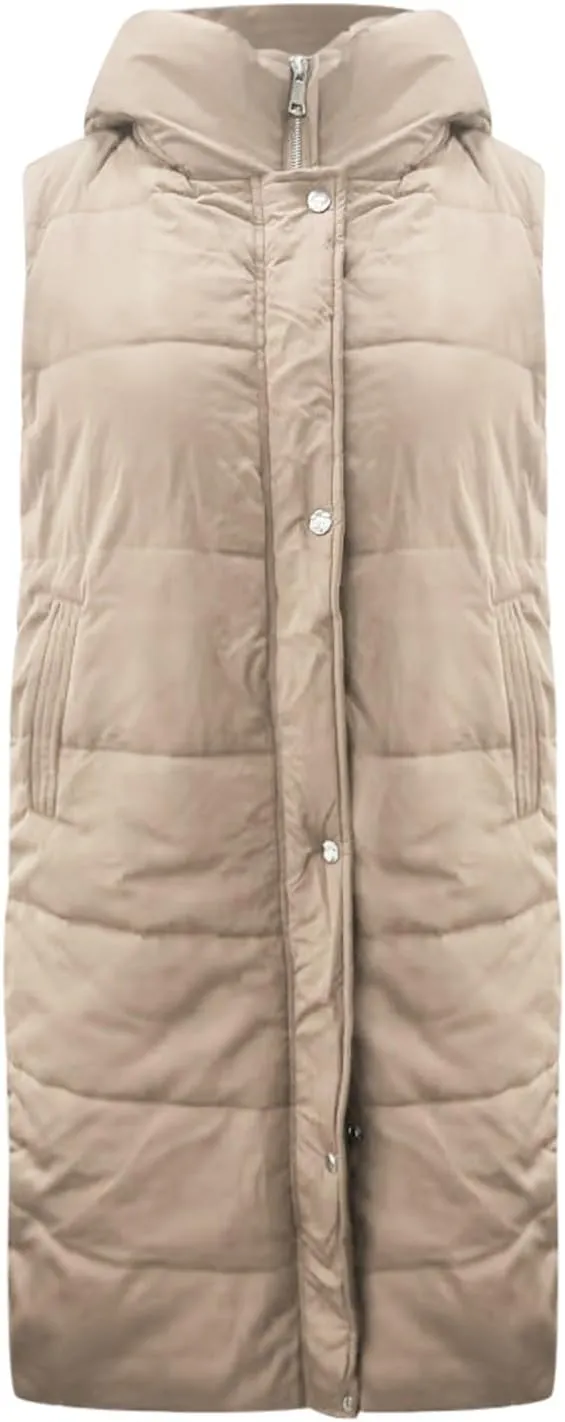 Womens Casual Solid Versatile Puffer Jacket Oversized Full Zip Sleeveless Hooded Down Coat 2024 Winter Warm Long Coats