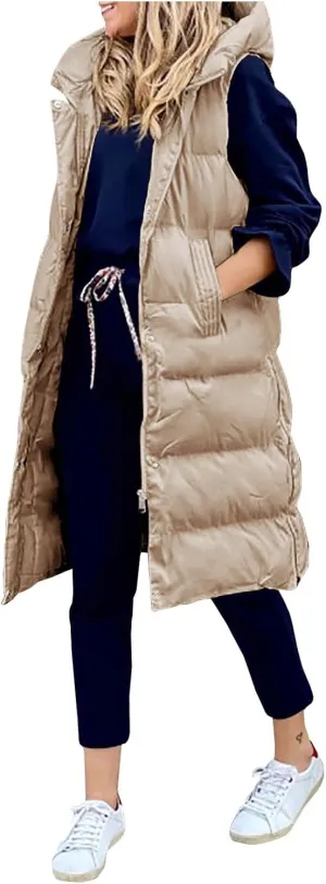 Womens Casual Solid Versatile Puffer Jacket Oversized Full Zip Sleeveless Hooded Down Coat 2024 Winter Warm Long Coats