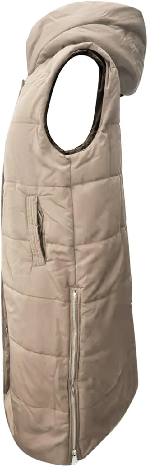 Womens Casual Solid Versatile Puffer Jacket Oversized Full Zip Sleeveless Hooded Down Coat 2024 Winter Warm Long Coats