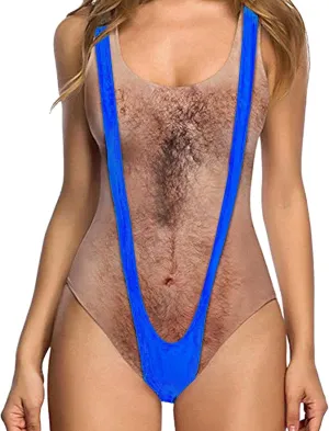 Women's Chest Hair Funny Print One Piece Swimsuits 2024 Summer Beach Monokini Holiday Vacation Modest Bathing Suits