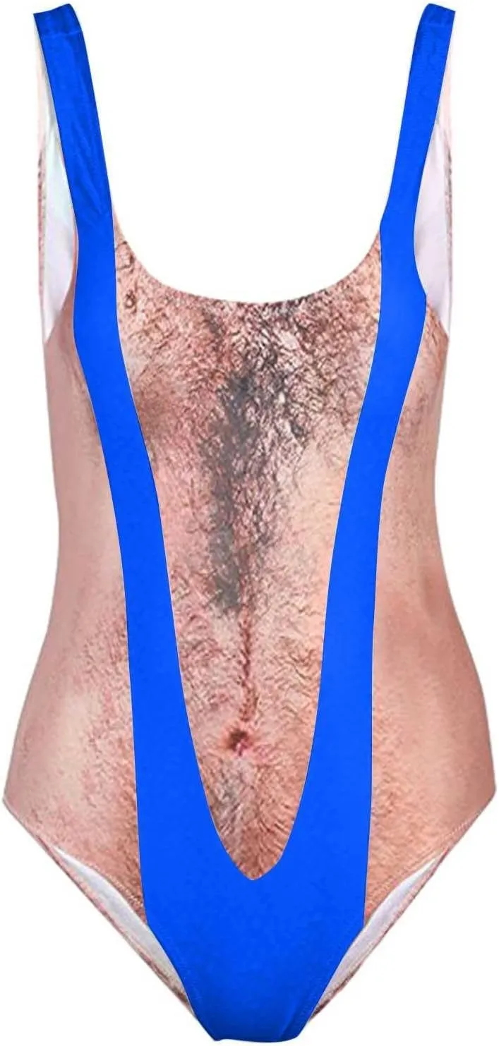Women's Chest Hair Funny Print One Piece Swimsuits 2024 Summer Beach Monokini Holiday Vacation Modest Bathing Suits