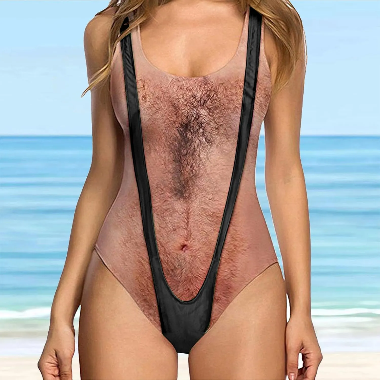 Women's Chest Hair Funny Print One Piece Swimsuits 2024 Summer Beach Monokini Holiday Vacation Modest Bathing Suits