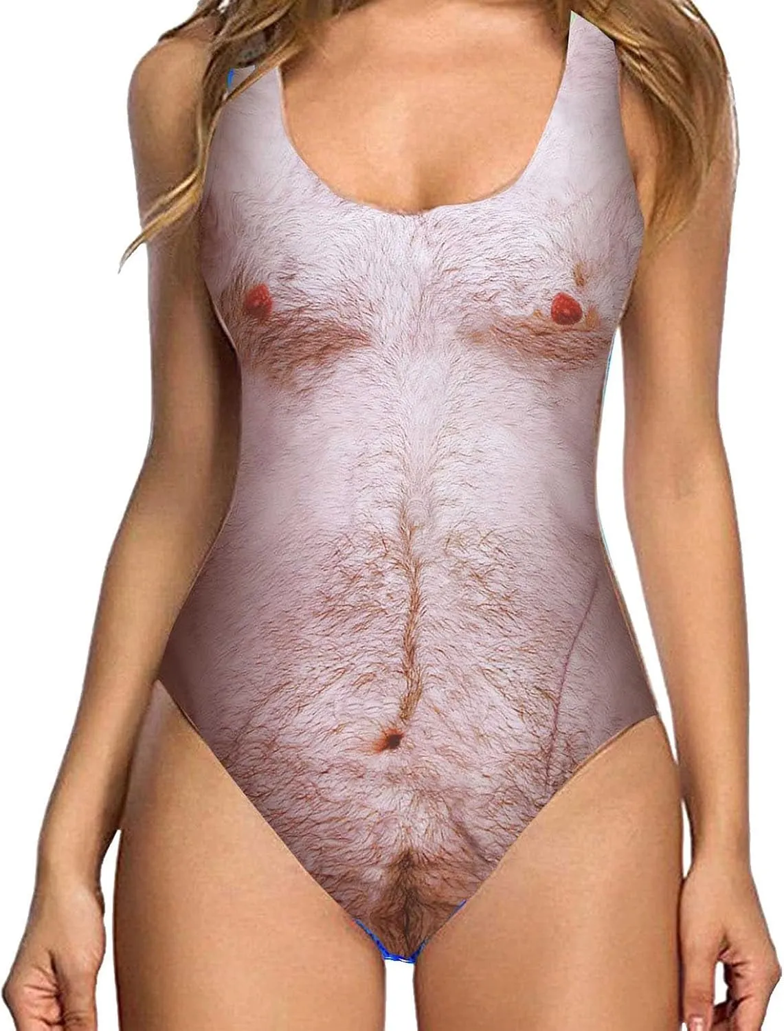 Women's Chest Hair Funny Print One Piece Swimsuits 2024 Summer Beach Monokini Holiday Vacation Modest Bathing Suits