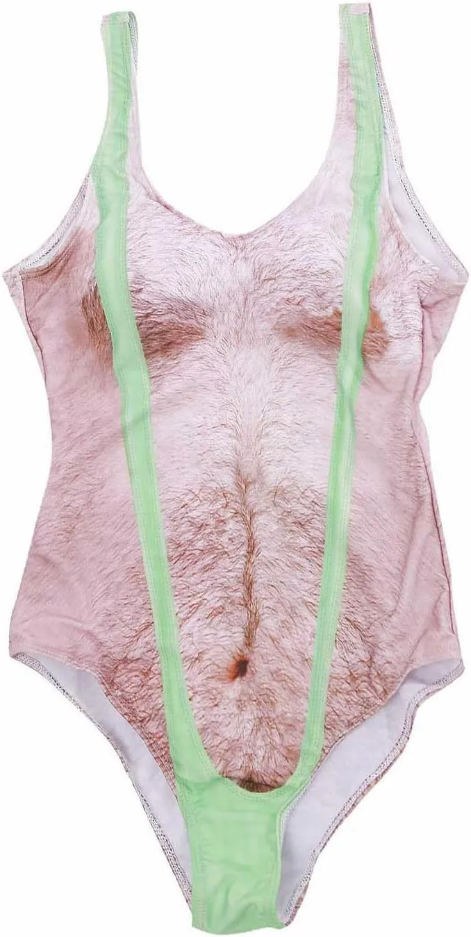 Women's Chest Hair Funny Print One Piece Swimsuits 2024 Summer Beach Monokini Holiday Vacation Modest Bathing Suits