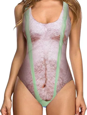 Women's Chest Hair Funny Print One Piece Swimsuits 2024 Summer Beach Monokini Holiday Vacation Modest Bathing Suits