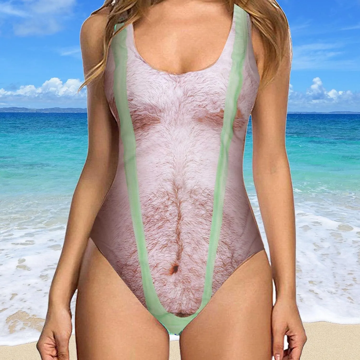 Women's Chest Hair Funny Print One Piece Swimsuits 2024 Summer Beach Monokini Holiday Vacation Modest Bathing Suits