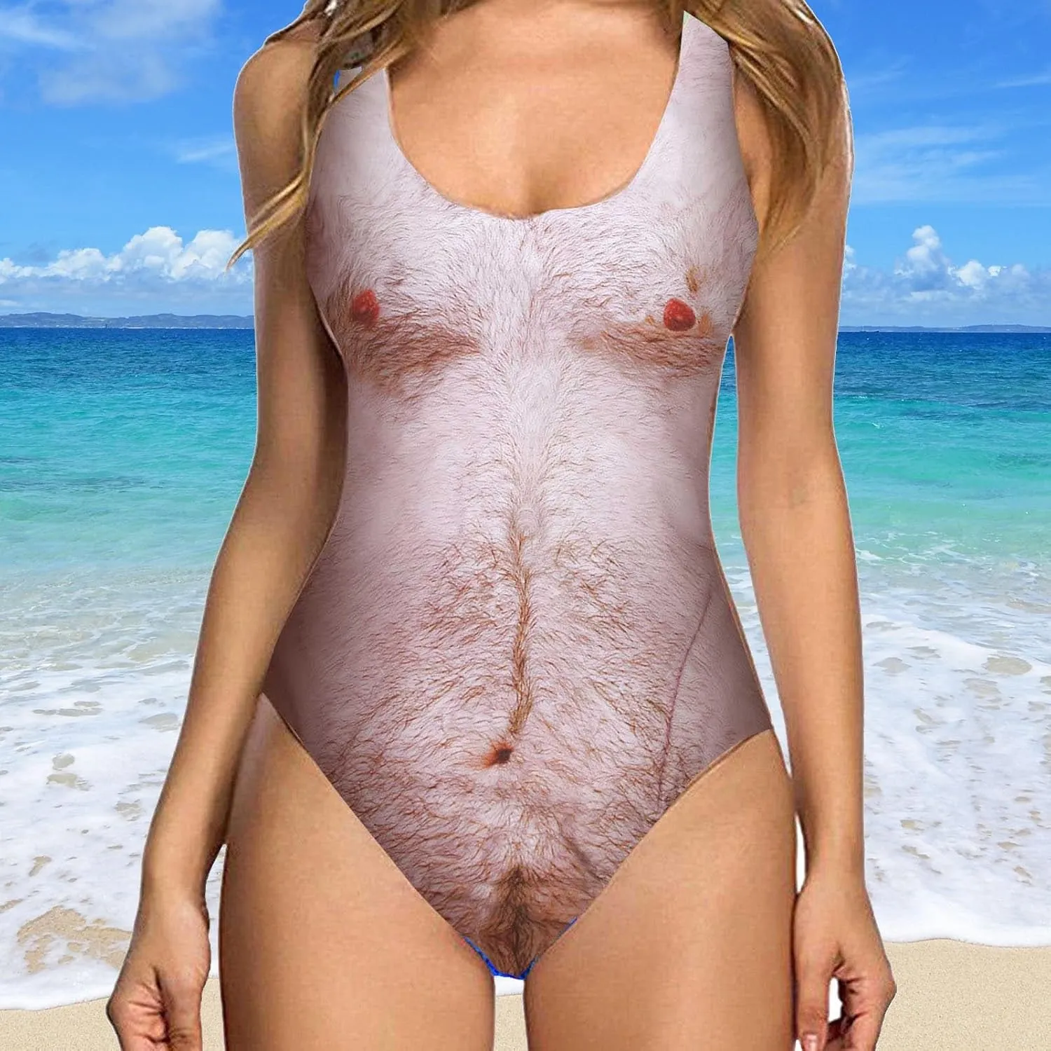 Women's Chest Hair Funny Print One Piece Swimsuits 2024 Summer Beach Monokini Holiday Vacation Modest Bathing Suits