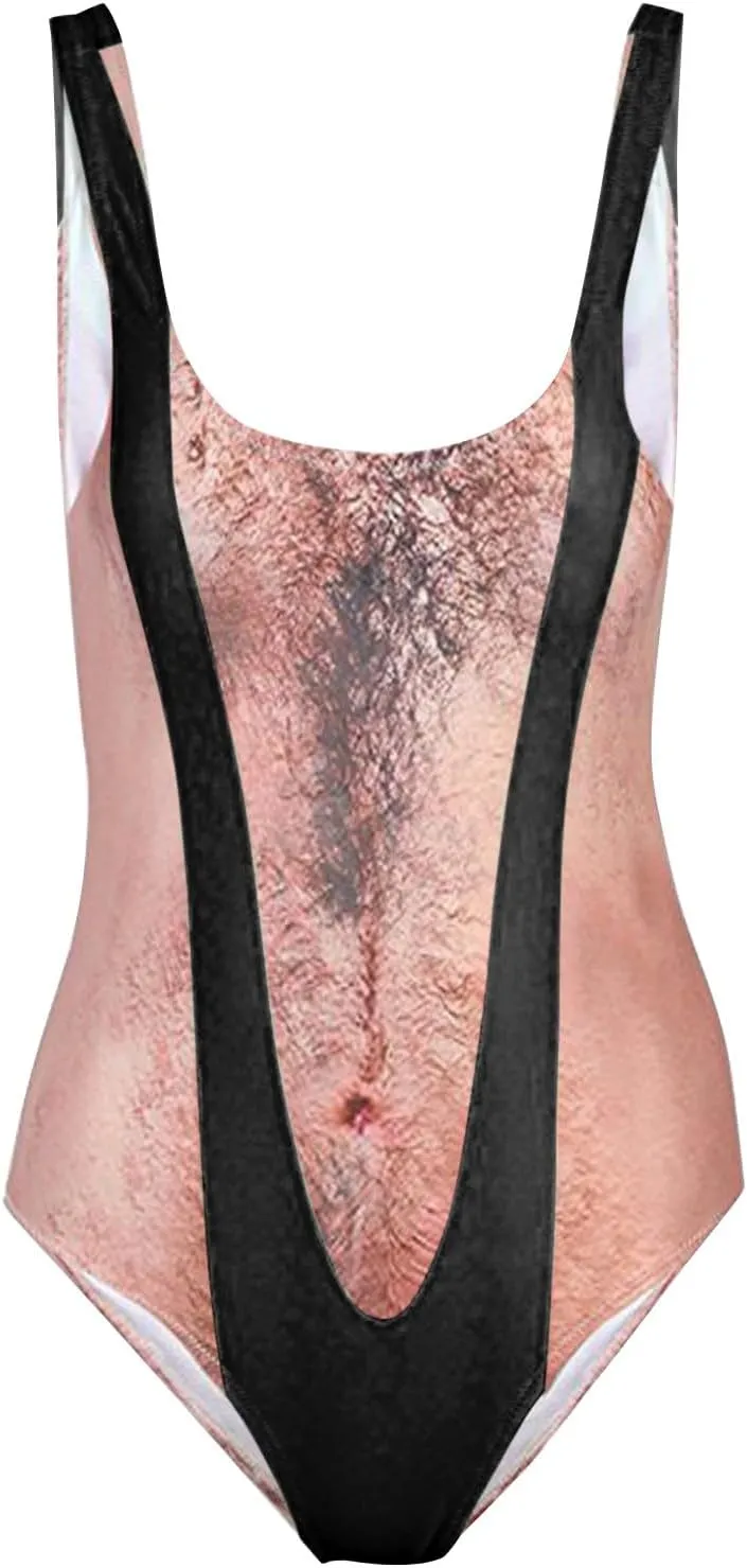 Women's Chest Hair Funny Print One Piece Swimsuits 2024 Summer Beach Monokini Holiday Vacation Modest Bathing Suits