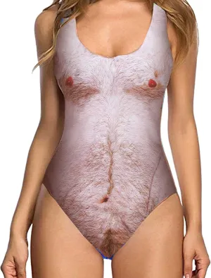 Women's Chest Hair Funny Print One Piece Swimsuits 2024 Summer Beach Monokini Holiday Vacation Modest Bathing Suits