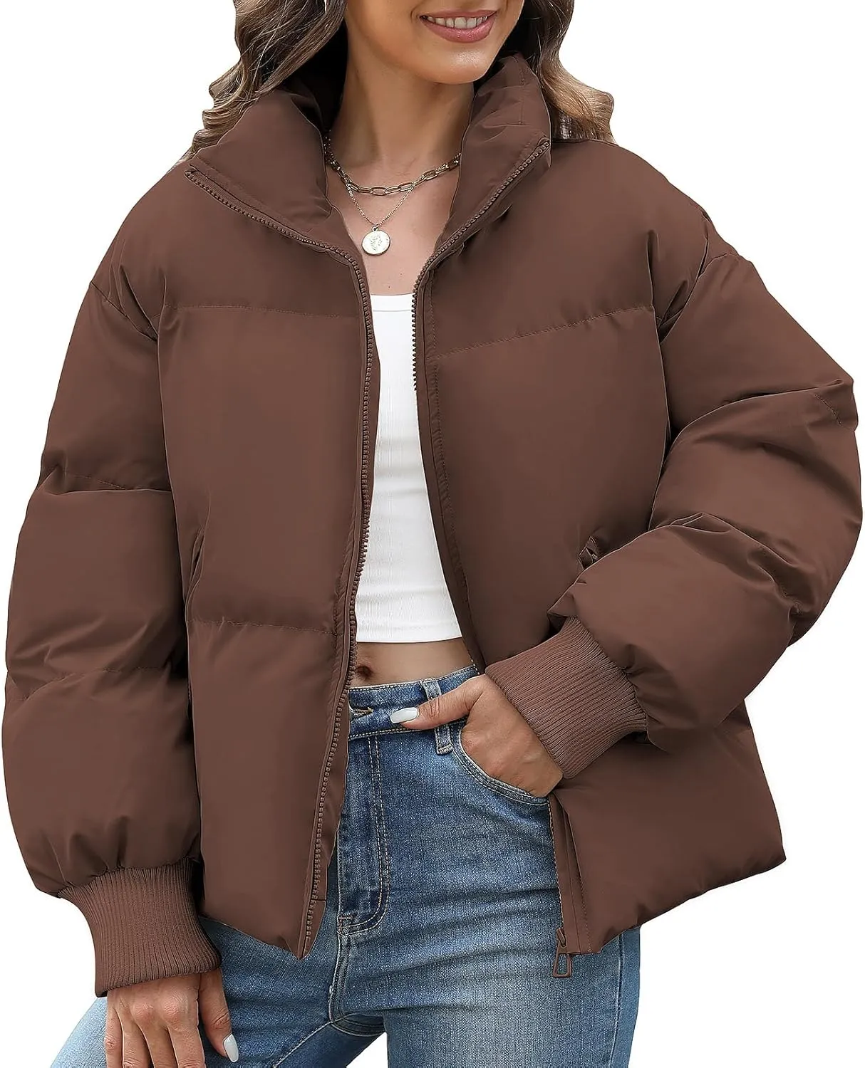 Women's Cropped Puffer Jacket Solid Color Long Sleeve Zip Up Down Coats 2024 Winter Trendy Thermal Overcoats Clothes