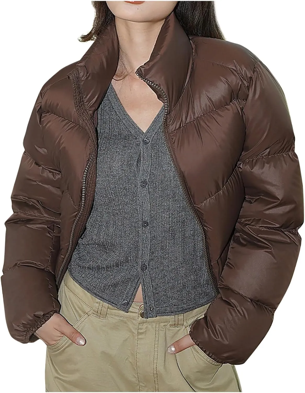 Women's Cropped Puffer Jacket Solid Color Long Sleeve Zip Up Down Coats 2024 Winter Trendy Thermal Overcoats Clothes